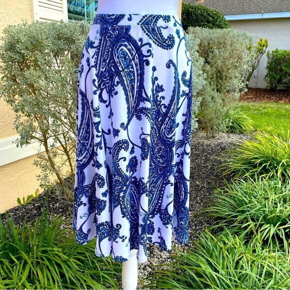 NEW MICHAEL KORS BLUE BLACK & WHITE PAISLEY SWING MIDI SKIRT L - Picture 7 of 10